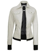 Close-up detail of Women's's White Hooded Leather Bomber Jacket