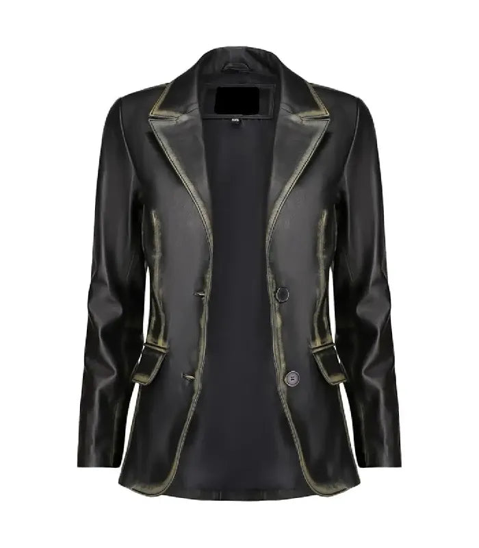 Detail view of Women's's Distressed Black Leather Blazer