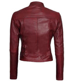 Back view of Women's's Maroon Leather Cafe Racer Jacket