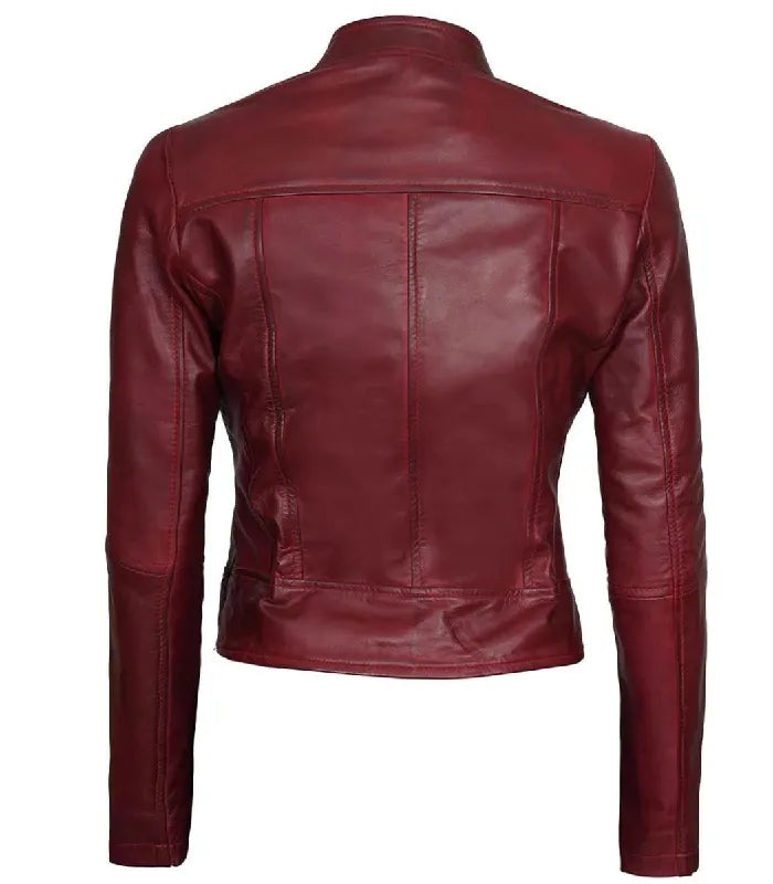 Back view of Women's's Maroon Leather Cafe Racer Jacket