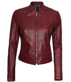 Front view of Women's's Maroon Leather Cafe Racer Jacket