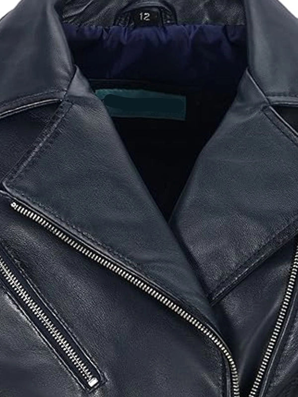 Detail view of Women's's Navy Leather Biker Jacket