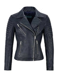 Front view of Women's's Navy Leather Biker Jacket
