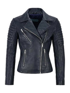 Front view of Women's's Navy Leather Biker Jacket