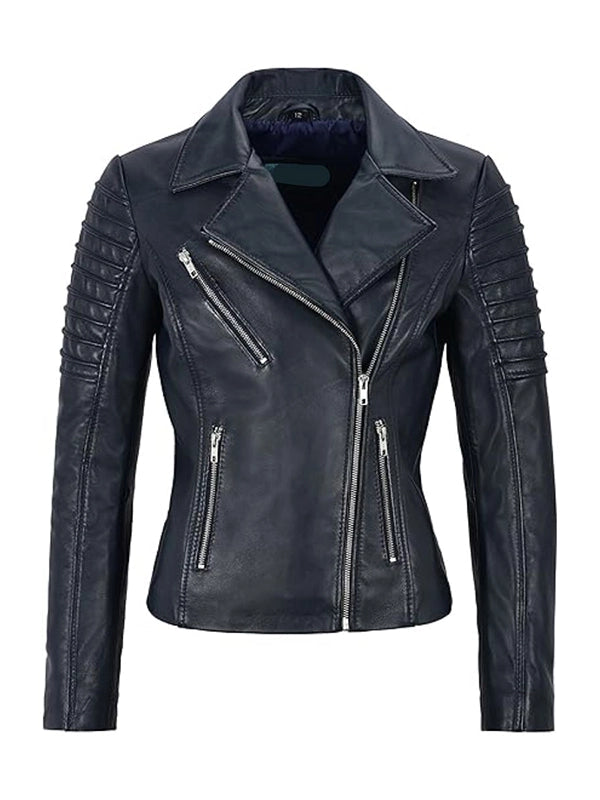 Front view of Women's's Navy Leather Biker Jacket