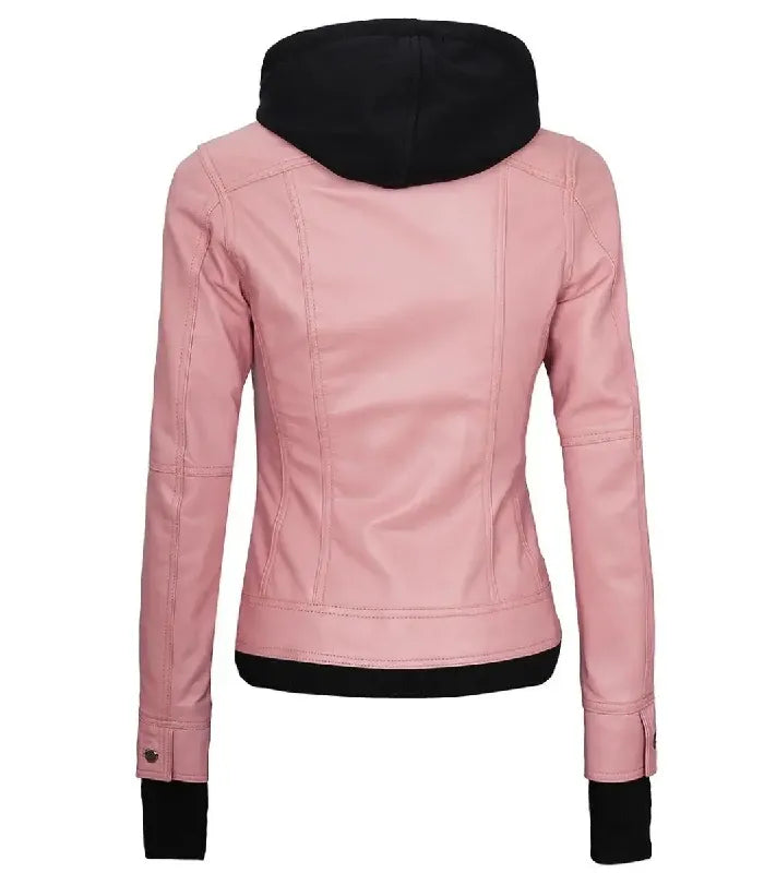 Detail view of Women's's Pink Hooded Leather Bomber Jacket