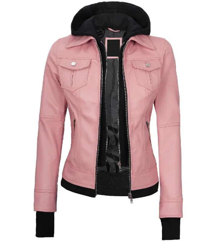 Front view of Women's's Pink Hooded Leather Bomber Jacket