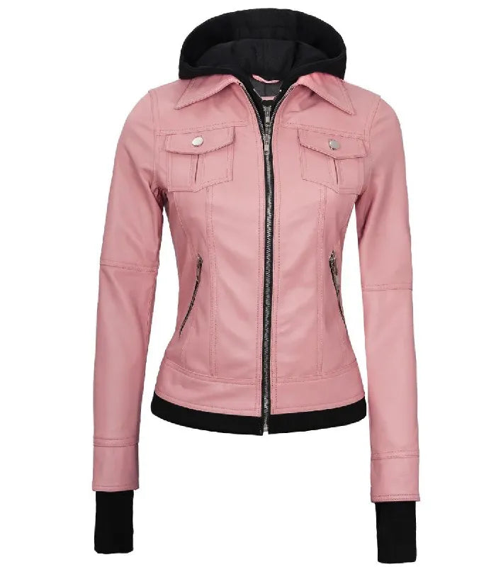 Back view of Women's's Pink Hooded Leather Bomber Jacket
