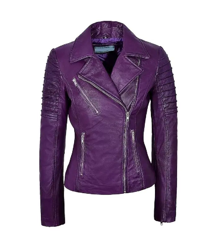 Front view of Women's's Purple Leather Biker Jacket