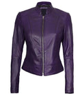 Front view of Women's's Purple Leather Cafe Racer Jacket