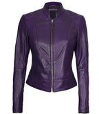 Front view of Women's's Purple Leather Cafe Racer Jacket