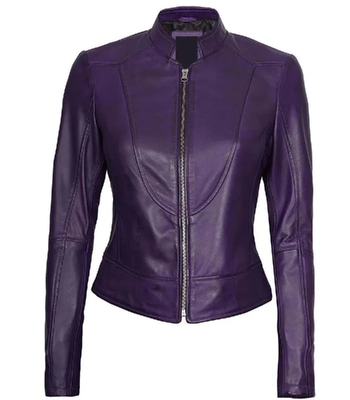Front view of Women's's Purple Leather Cafe Racer Jacket
