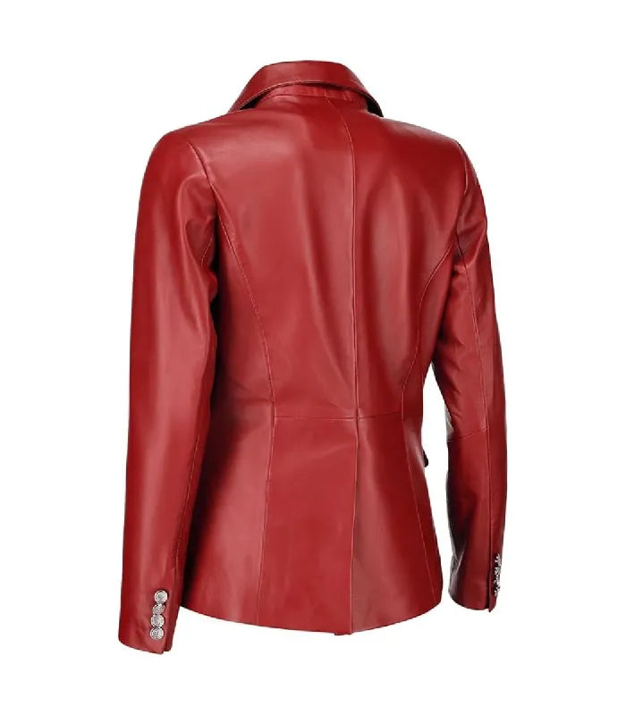 Back view of Women's's Double Breasted Red Leather Blazer
