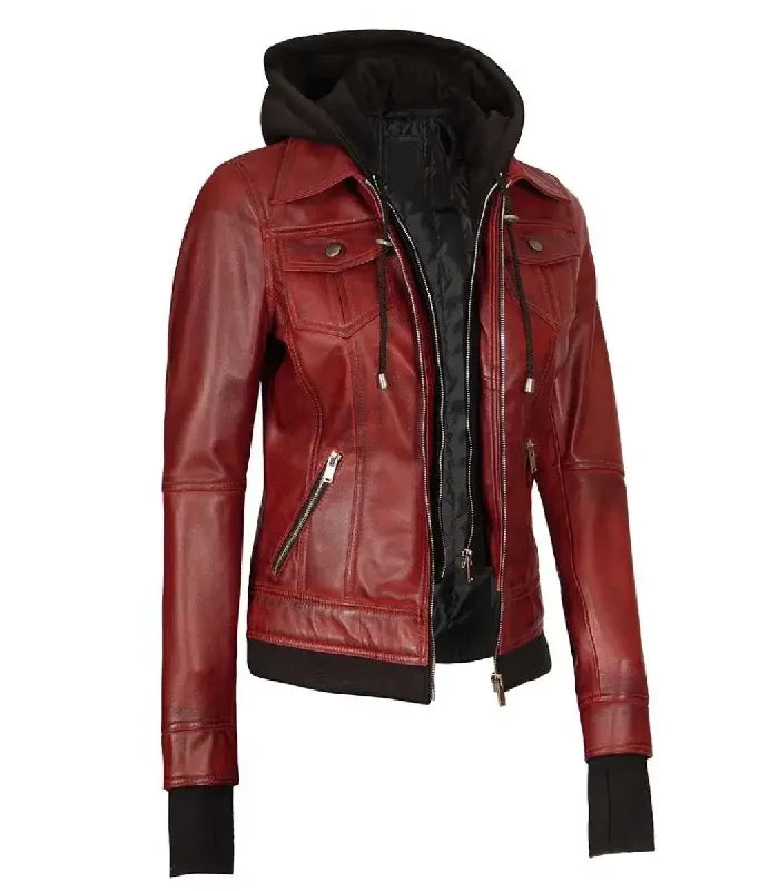 Detail view of Women's's Red Hooded Leather Bomber Jacket