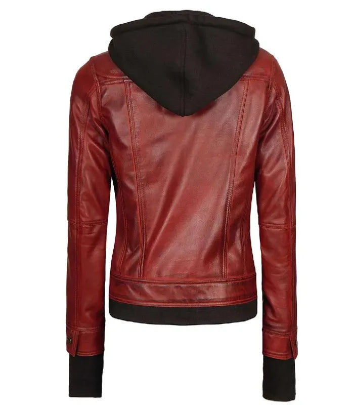 Back view of Women's's Red Hooded Leather Bomber Jacket