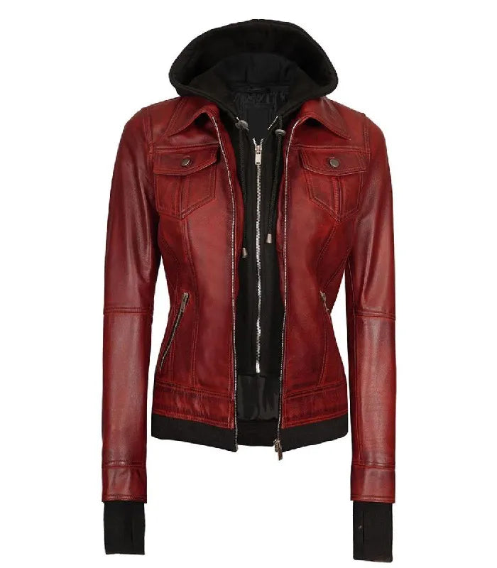 Side view of Women's's Red Hooded Leather Bomber Jacket