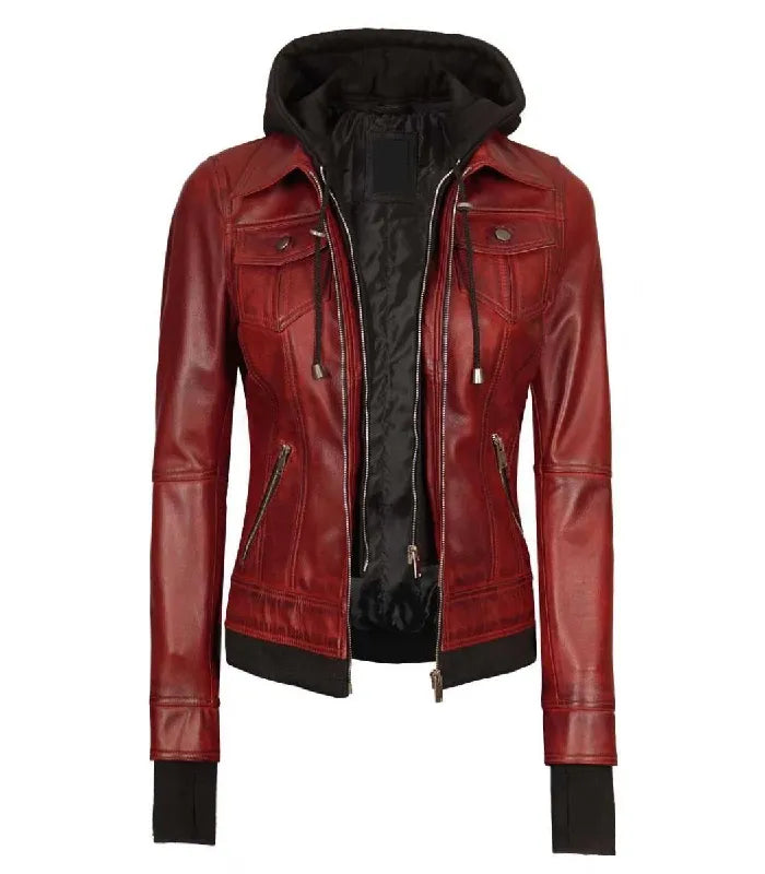 Front view of Women's's Red Hooded Leather Bomber Jacket