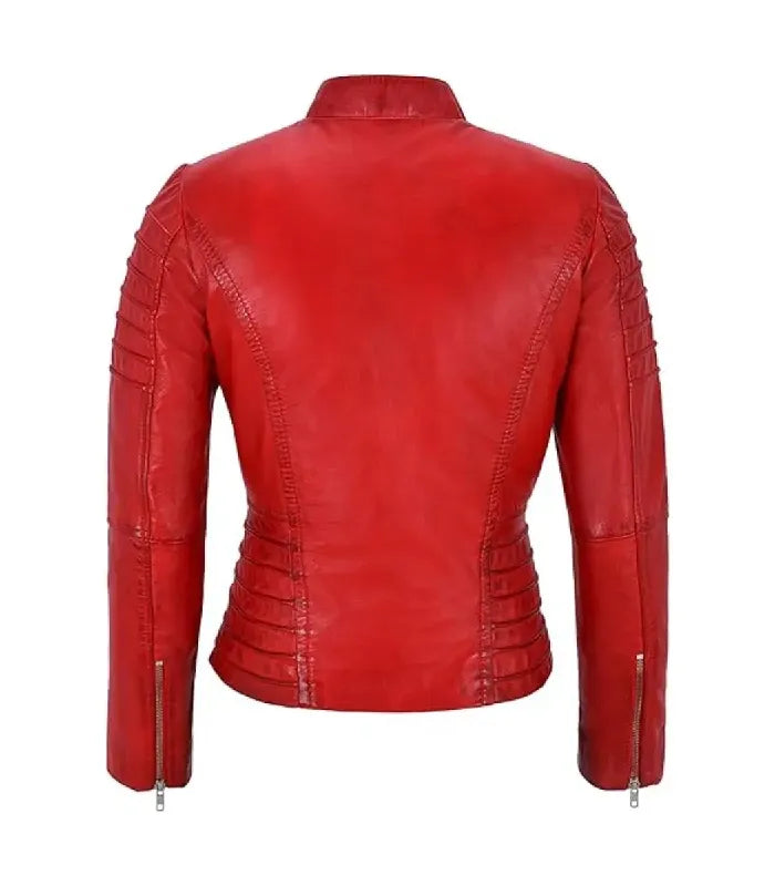 Back view of Women's's Red Quilted Leather Biker Jacket