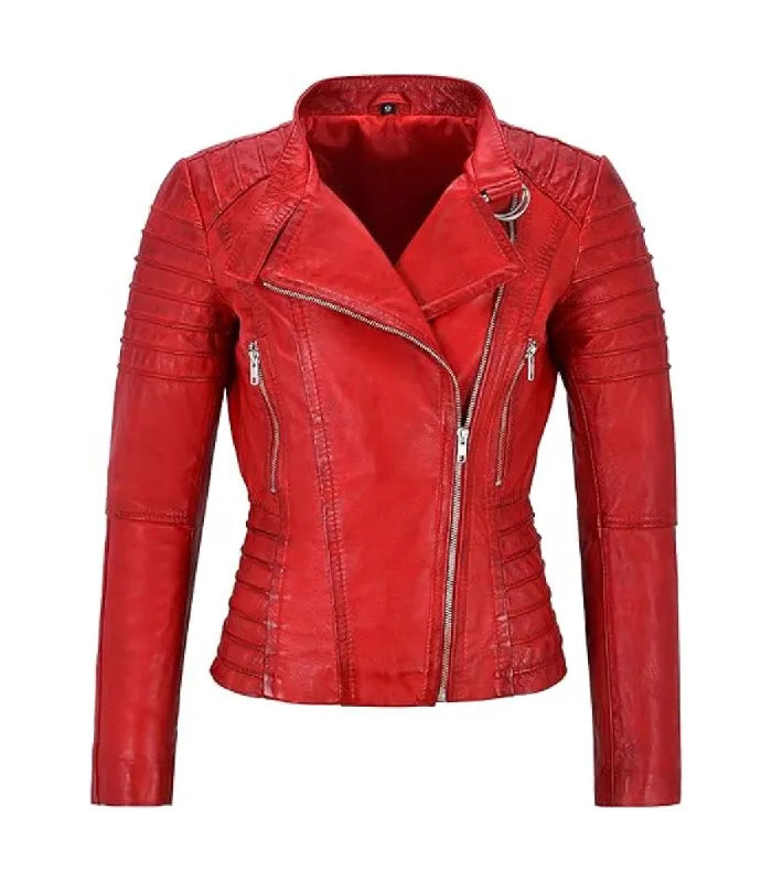 Front view of Women's's Red Quilted Leather Biker Jacket