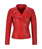 Front view of Women's's Red Quilted Leather Biker Jacket