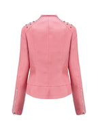 Back view of Women's's Studded Pink Leather Jacket
