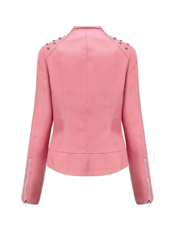 Back view of Women's's Studded Pink Leather Jacket