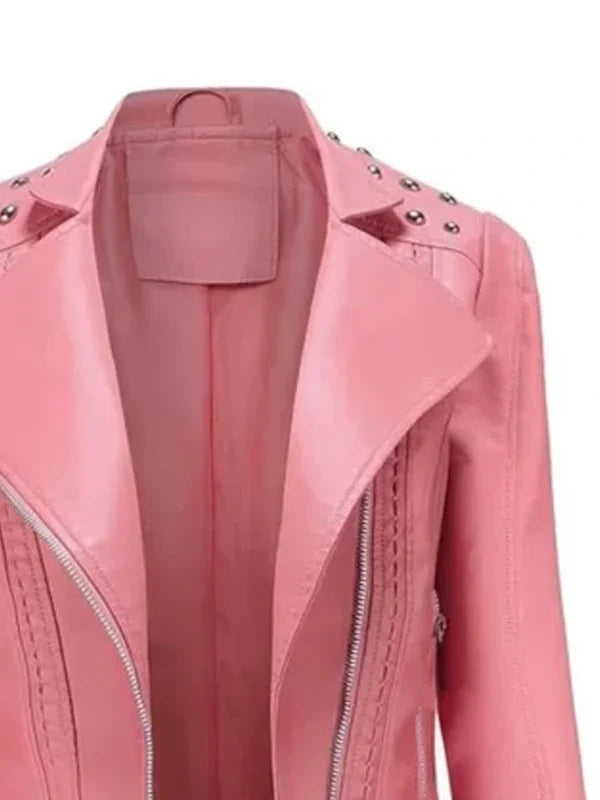 Side view of Women's's Studded Pink Leather Jacket