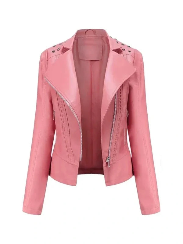 Front view of Women's's Studded Pink Leather Jacket