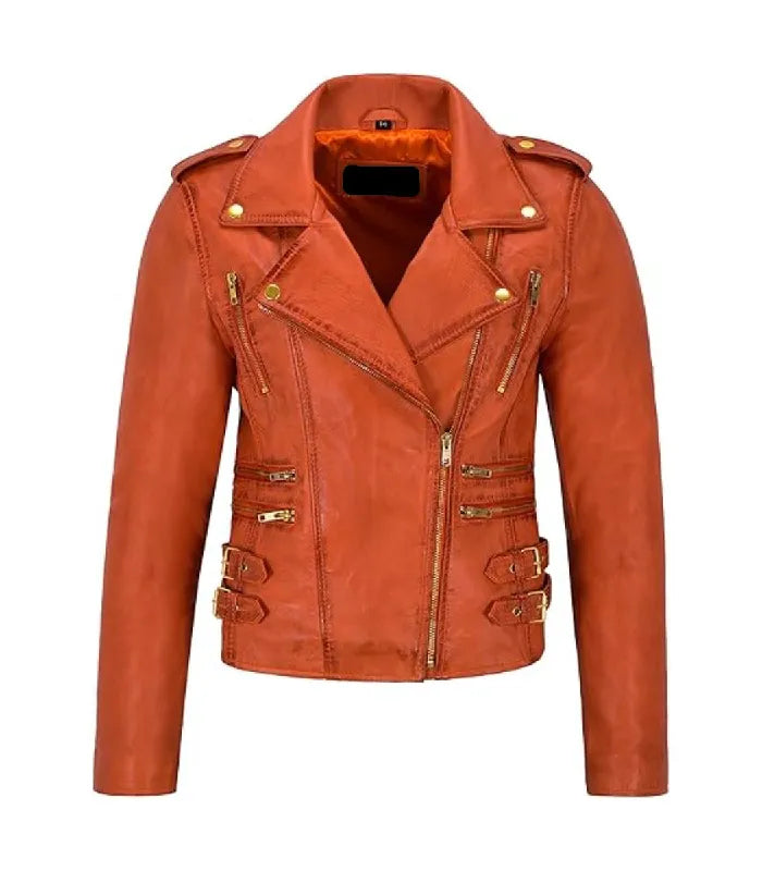 Front view of Women's's Vintage Orange Leather Biker Jacket