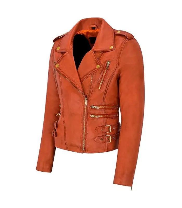 Side view of Women's's Vintage Orange Leather Biker Jacket