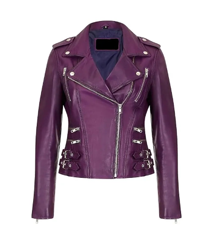 Front view of Women's's Vintage Purple Leather Biker Jacket