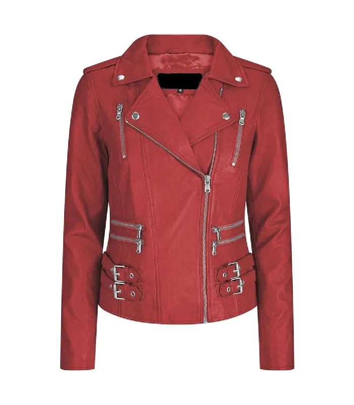Front view of Women's's Vintage Red Leather Biker Jacket