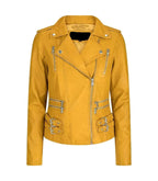 Front view of Women's's Vintage Yellow Leather Biker Jacket