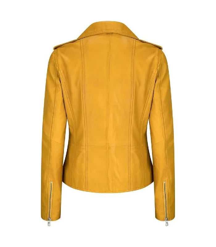 Back view of Women's's Vintage Yellow Leather Biker Jacket
