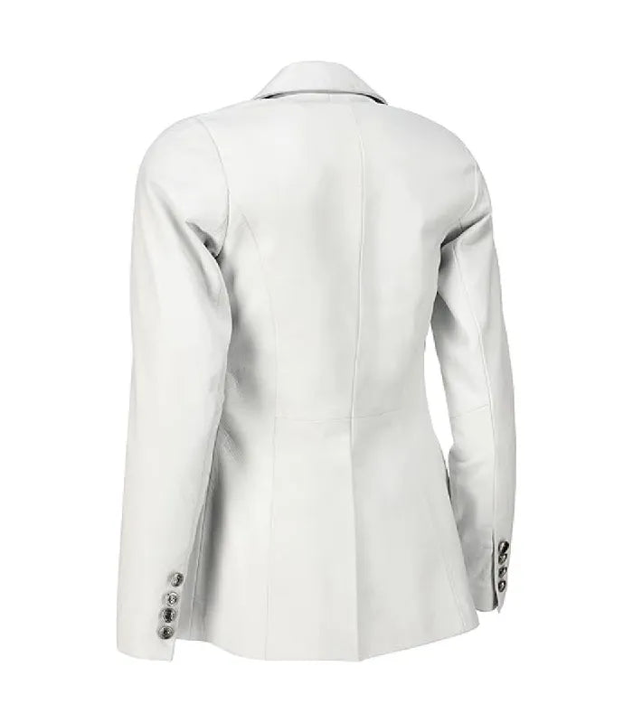 Back view of Women's's Double Breasted White Leather Blazer