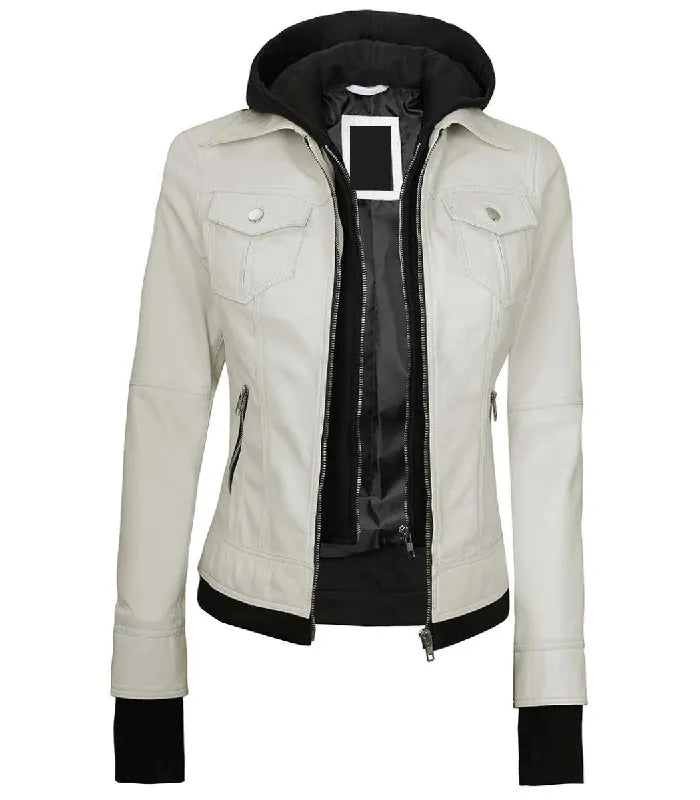 Front view of Women's's White Hooded Leather Bomber Jacket