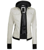 Front view of Women's's White Hooded Leather Bomber Jacket
