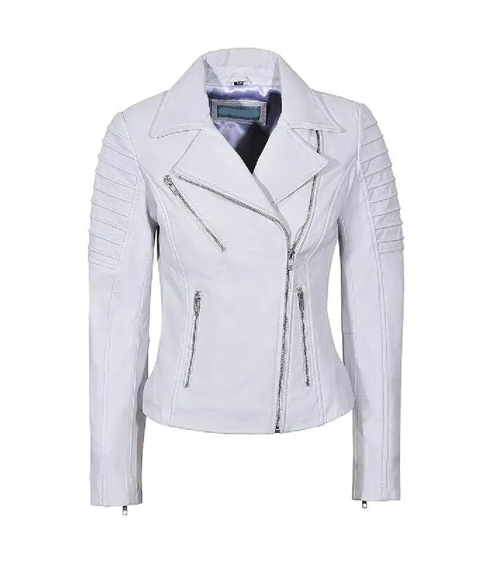 Front view of White Leather Biker Jacket