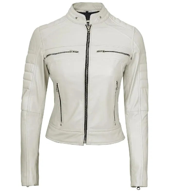 Front view of Women's Cafe Racer White Leather Jacket