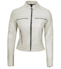 Front view of Women's Cafe Racer White Leather Jacket