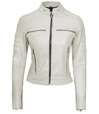 Front view of Women's Cafe Racer White Leather Jacket