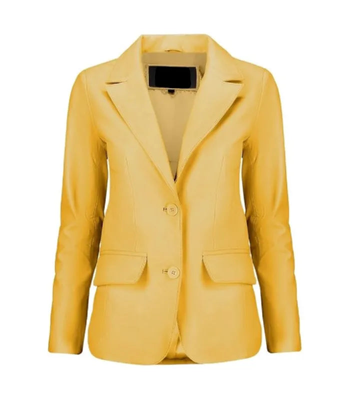 Front view of Women's's Yellow Leather Blazer