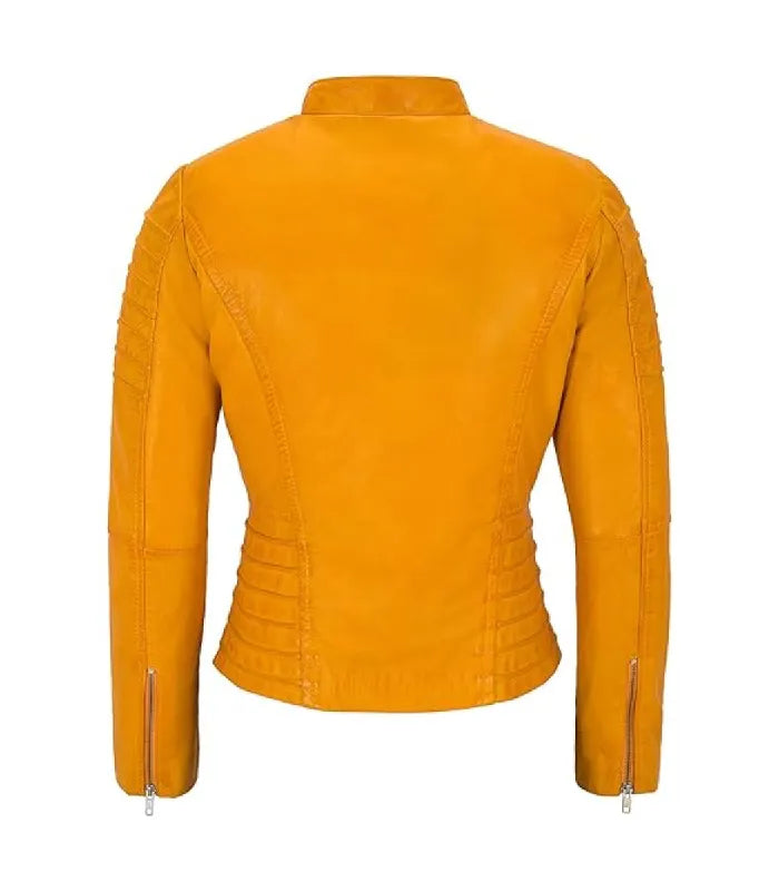 Back view of Women's's Yellow Quilted Leather Biker Jacket