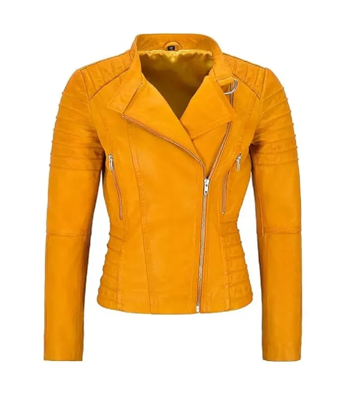 Front view of Women's's Yellow Quilted Leather Biker Jacket