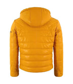 Back view of Yellow Hooded Leather Puffer Jacket