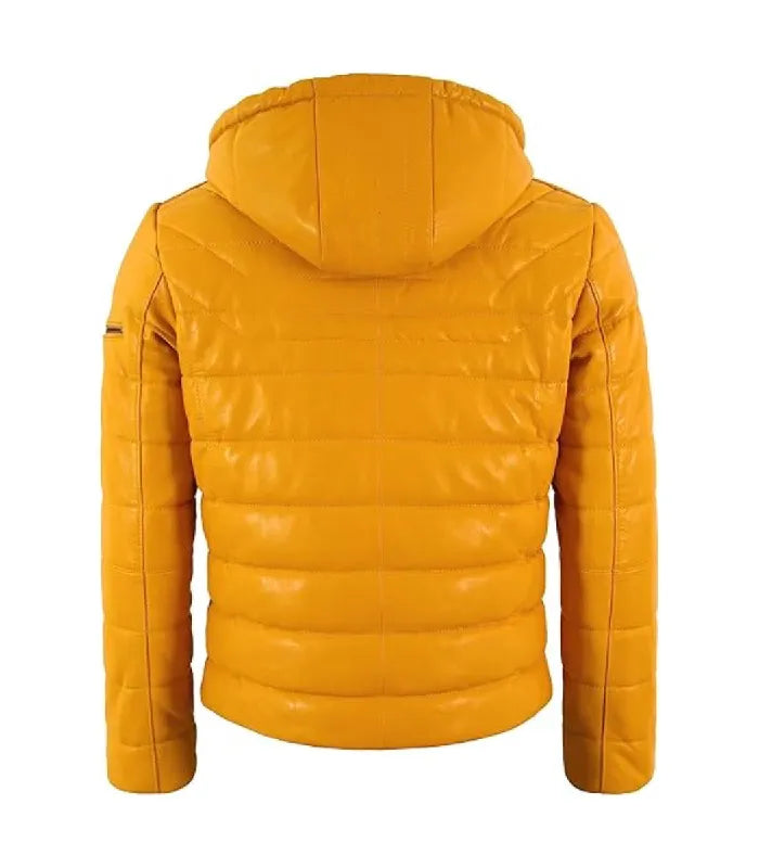 Back view of Yellow Hooded Leather Puffer Jacket