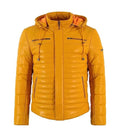 Front view of Yellow Hooded Leather Puffer Jacket
