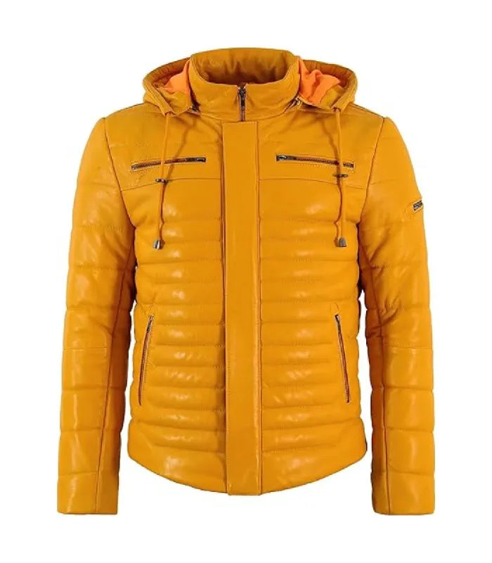 Front view of Yellow Hooded Leather Puffer Jacket
