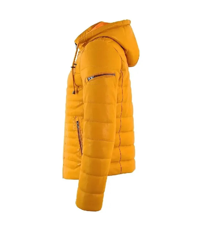 Detail view of Yellow Hooded Leather Puffer Jacket