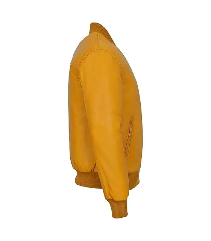 Side view of Yellow Leather Bomber Jacket